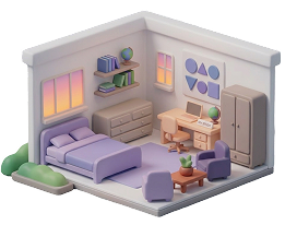 Illustration of a cozy, furnished student bedroom